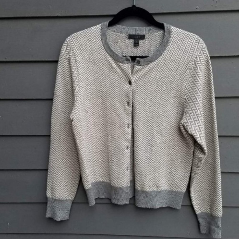 J Crew Gray Herringbone Cardigan Sweater Size Large